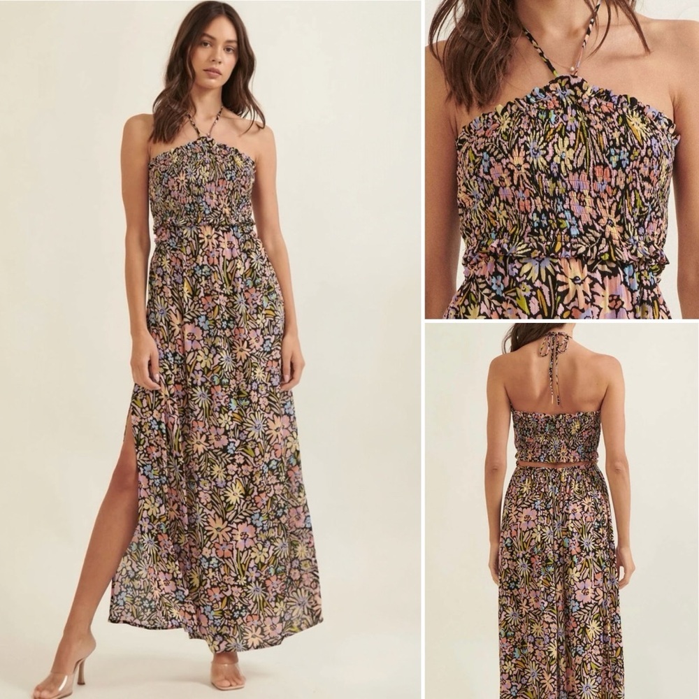 Promesa Floral Maxi Dress in Black with Pink, Lavender & Yellow Flowers